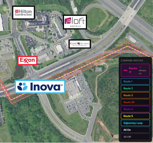 Aerial view of sensitive facilities along Loudoun County Parkway including Inova HealthPlex, Exxon station, and Kiddie Academy