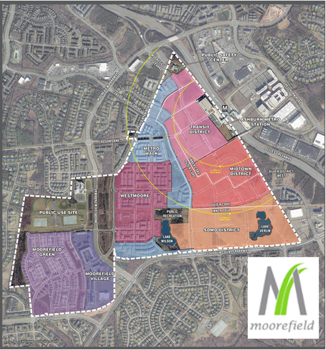 Moorefield Station development plan showing multiple residential districts adjacent to Loudoun County Parkway